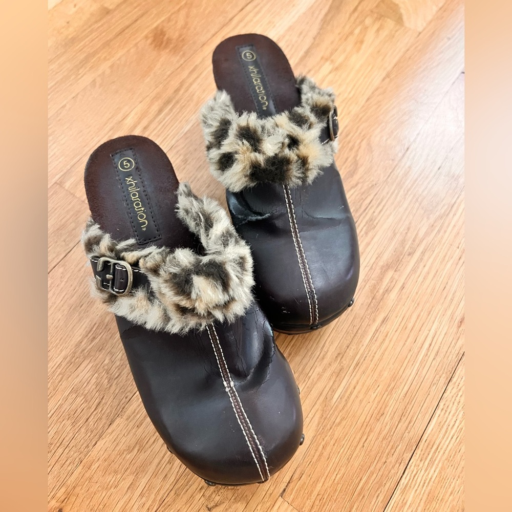 cheetah print fur wooden clogs